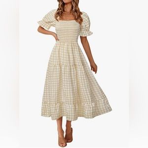 Women’s Small Smocked Square Neck Tan and White Plaid Long Dress Puffed Sleeve